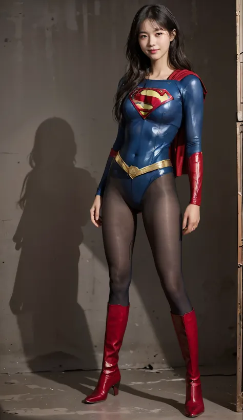 No background、(((Beautiful legs in black tights.)))、(((Legally express the beauty of your smile)))、((((Make the most of your original images)))、(((Supergirl Costume)))、(((Beautiful short hair)))、(((Smiles and winks)))、(((Please wear black tights....、Wear r...