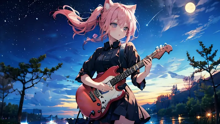 picture a scene of a girl playing the guiter with the moon and stars in the sky. anime, pink hair, cat ears. that's her charm.