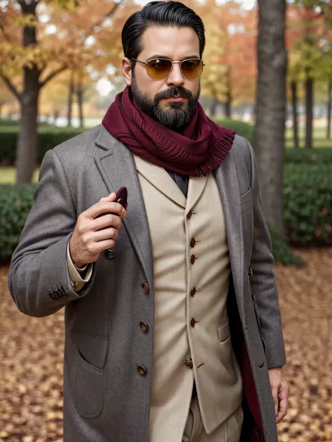 an elegant 38-year-old man with a neatly trimmed beard and designer sunglasses, capturing the essence of autumn elegance. he wea...