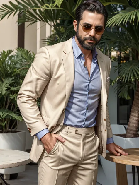 a sophisticated 38-year-old man with a well-groomed beard and sleek sunglasses, dressed in elegant summer attire. he is wearing ...