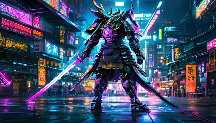 A samurai warrior in liquid metal armor with dragon designs, wielding a neon lit blade, in a cyberpunk arena, full body, (best quality,4k,8k,highres,masterpiece:1.2),ultra-detailed,(realistic,photorealistic,photo-realistic:1.37),HDR,UHD,studio lighting,ult...