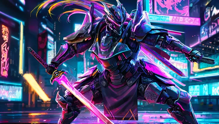 A samurai warrior in liquid metal armor with dragon designs, wielding a neon lit blade, in a cyberpunk arena, full body, (best quality,4k,8k,highres,masterpiece:1.2),ultra-detailed,(realistic,photorealistic,photo-realistic:1.37),HDR,UHD,studio lighting,ult...