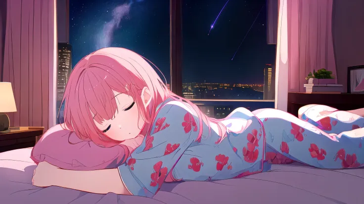 (highest quality, masterpiece, high resolution),one girl,mid-chest,  pink hair, long hair, pajamas、lying on the bed and sleeping...