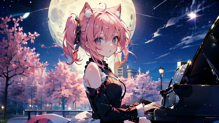 picture a scene of a girl playing the piano with the moon and stars in the sky. anime, pink hair, cat ears. that's her charm.