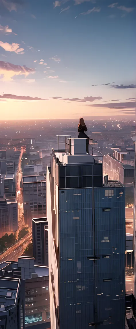 ((Masterpiece, top quality, high resolution)), ((highly detailed CG unified 8K wallpaper)), Back view of woman standing on top of skyscraper, Special forces waiting for the signal to go in, standing on top of sky scraper, standing on rooftop, standing on r...