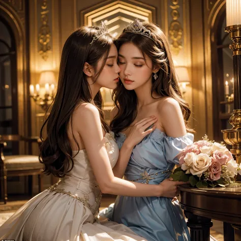 two gorgeous and stunning young princesses is deeply in love with each other, kiss, flower, at night.