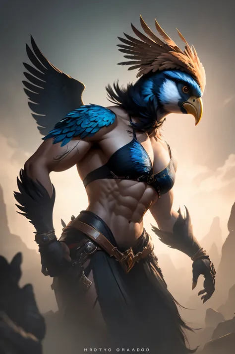 a muscular bird-headed humanoid,1girl,feathered head and beak,intense colorful muscles,vibrant feathers,photorealistic,highly detailed,cinematic lighting,dynamic pose,fantasy character,digital art,concept art,octane render