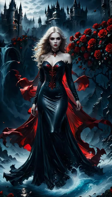 Dark fantasy art, fantasy art, goth art,  a picture of a female vampire, exquisite beauty, full body shot, dark glamour shot,  pale white skin, dark blond hair, long hair, wavy hair, (icy grey: 1.3) eyes,  she  wears a (red: 1.3) dress, ArmoredDress, entwi...