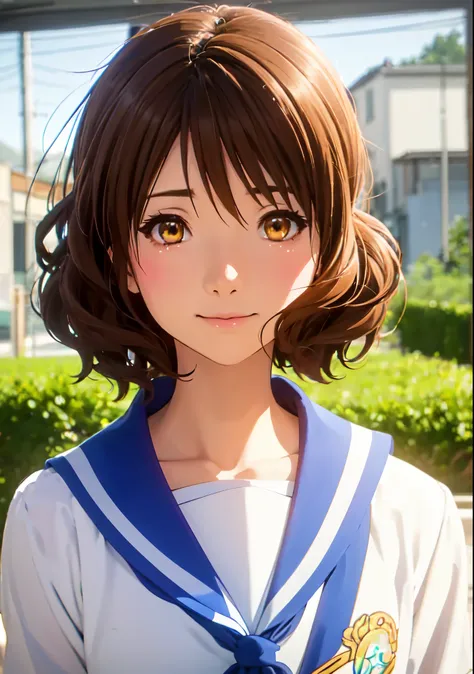 kumiko oumae, kumiko oumae, (brown eyes:1.5), brown hair, short hair, wavy hair, hot face, blush, sailor suit, , high school gir...