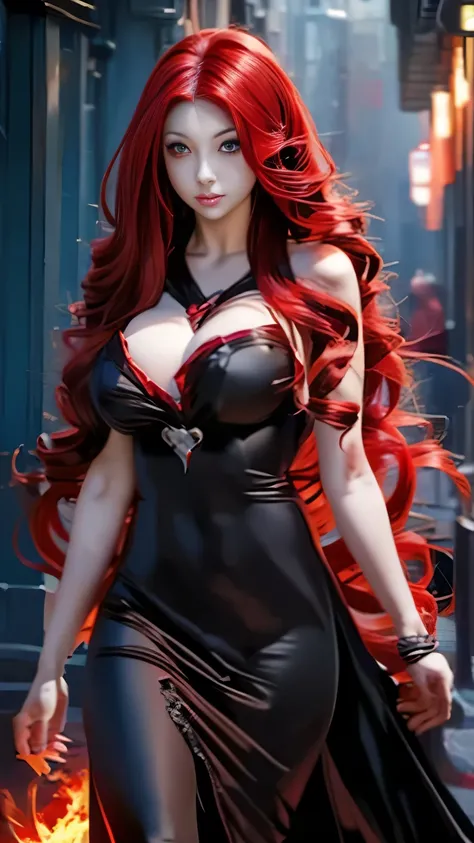 a woman with long red hair walking in the dark, zero two, red glowing hair, anime girl with long hair, long fire hair, with long red hair, with red glowing eyes, glowing red, gothic maiden anime girl, beautiful anime artwork, demon anime girl, anime cyberp...