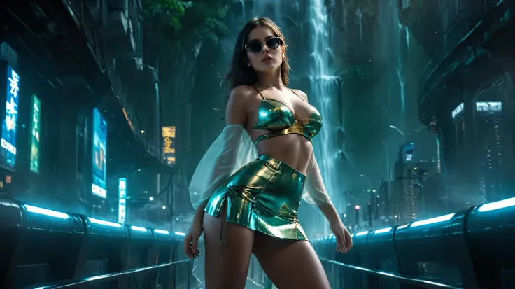 fantasy art, futuristic night city in jungle, (((giant waterfall))), elevated train passing by, all-glass sky bridge, (((1girl, solo))), photo realistic, (((large-breast:1.1 sexy slim body, cleavage))), (((sling top, extreamly short gold pleated miniskirt ...