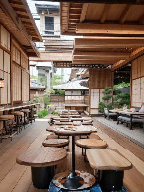 outdoor restaurant interior, grilled food, japanese style, wooden table, concert floor