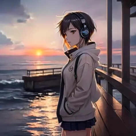 Anime girl listening to music with headphones on a pier at sunset, Anime Atmosphere, Makoto Shinkai style, Makoto Shinkai art style, Makoto Shinkai. —h 2160, studio glibly Makoto Shinkai, Makoto Shinkai!!, in style of Makoto Shinkai, Makoto Shinkai!, style...