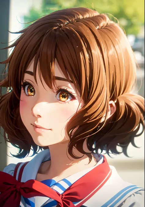 Kumiko Oumae, Kumiko Oumae, (Brown eyes:1.5), Brown Hair, short hair, Wavy Hair, Hot face, blush, Sailor suit, , high school girl, Red ribbon, ((Backwards:1.3)), smile, very cute and beautiful girl,Teen,(Very detailedな美しい顔),

(highest quality,masterpiece),...