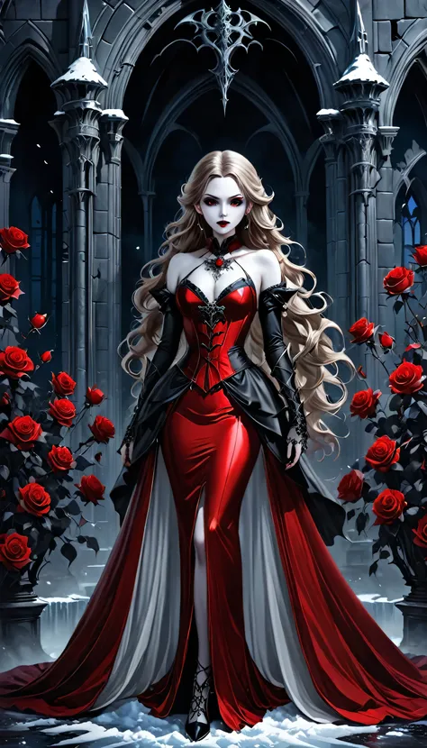 Dark fantasy art, fantasy art, goth art,  a picture of a female vampire, exquisite beauty, full body shot, dark glamour shot,  pale white skin, dark blond hair, long hair, wavy hair, (icy grey: 1.3) eyes,  she  wears a (red: 1.3) dress, ArmoredDress, entwi...