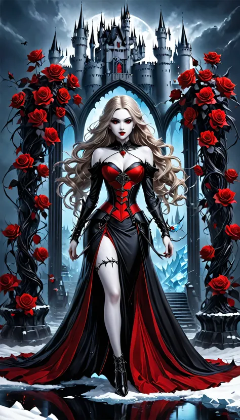 Dark fantasy art, fantasy art, goth art,  a picture of a female vampire, exquisite beauty, full body shot, dark glamour shot,  pale white skin, dark blond hair, long hair, wavy hair, (icy grey: 1.3) eyes,  she  wears a (red: 1.3) dress, ArmoredDress, entwi...