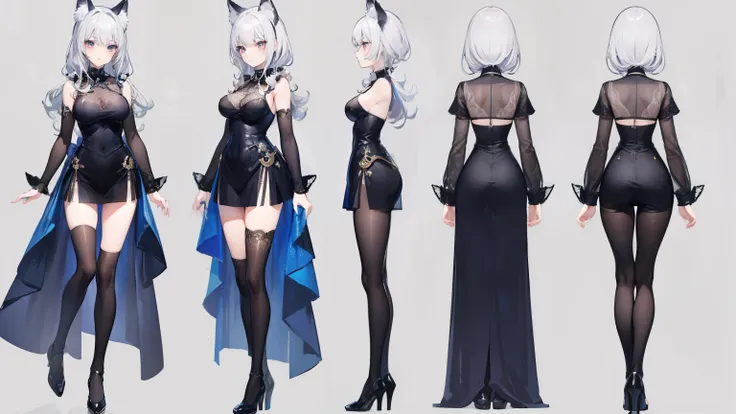 ((masterpiece, highest quality)), ((tsurime)),Detailed face, Character Sheet, Full Body Lesbian, One girl,show,Full of details, Various poses and expressions, Very detailed, depth, A graceful wild fox girl with mostly silver hair, Sparkling eyes, Delicate ...