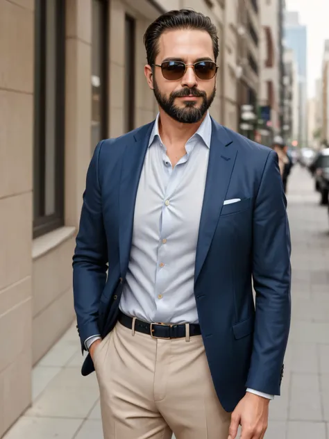 create a medium shot image of a 38-year-old man with a neatly trimmed beard and stylish sunglasses. he should be dressed in very...