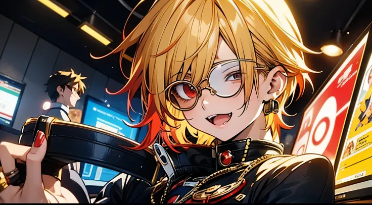 Highest quality,masterpiece,Anime boy with blonde-red mesh hair and a monocle surrounded by computers,  Multiple accessories in the shape of a watch,2D Anime Style, Also, Anime Moe Art Style, Anime style portrait, Bright colors.Digital 2D,  [ Digital Art ]...
