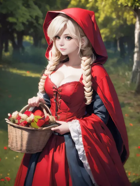 arafed woman in red riding hood and red hat holding a basket of mushrooms, dressed in a beautiful red cloak, red riding hood, little red riding hood, by Alexey Venetsianov, by andrey ryabovichev, by Alexey Merinov, by Igor Grabar, photography alexey guryle...