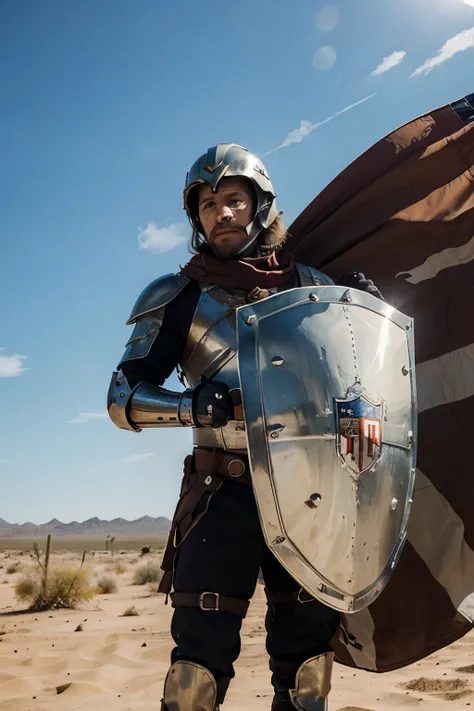    Strong man，Take a shield，is dressed in armor，wearing her helmet，in a desert，The flag，Big wind，cavalos