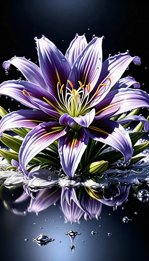 (liquid metal art: 1.5) LIQUID METAL a picture of a lily flower ( (masterpiece, best detailed, best quality: 1.4), (blue: 1.5) petals,  there is (purple: 1.3) butterfly flying near the lily  dynamic range, ultra wide shot, photorealism, depth of field, hyp...