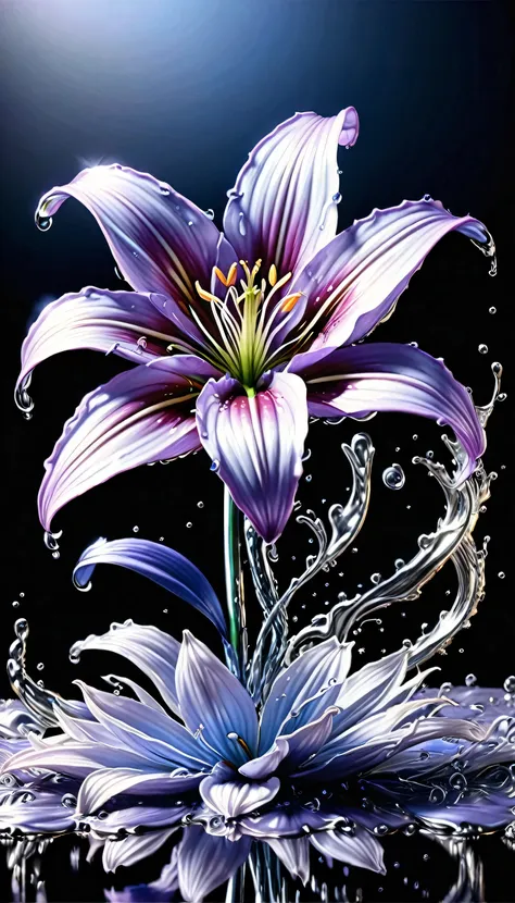 (liquid metal art: 1.5) liquid metal a picture of a lily flower ( (masterpiece, best detailed, best quality: 1.4), (blue: 1.5) p...