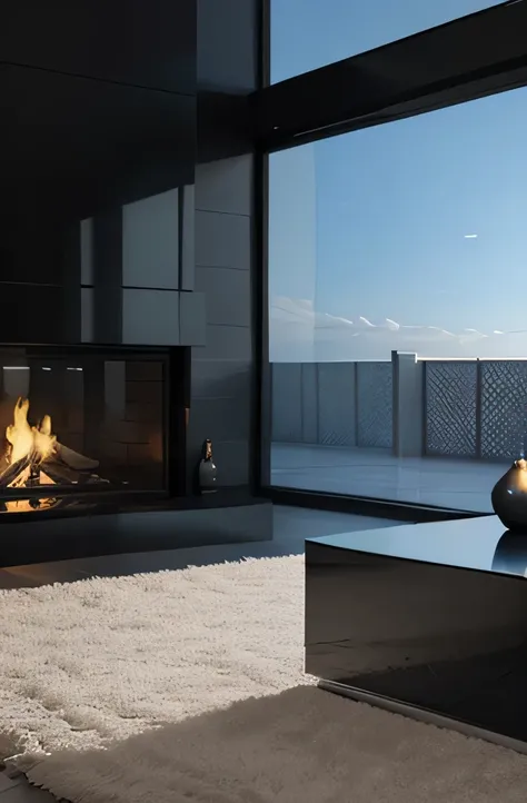 Professional 3D rendering architecture design of modern and minimal design for fireplace with blue stone 