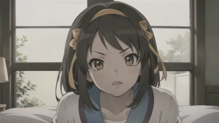 (A superb exquisite haruhi suzumiya), (haruhi suzumiya:1.5), (kyoani haruhi style Uniform:1.5), brown eyes, brown hair, natural straight hair, hairband, ribbon, straight bangs, solo, nature, extremely delicate, straight facial features, peerless beautiful ...