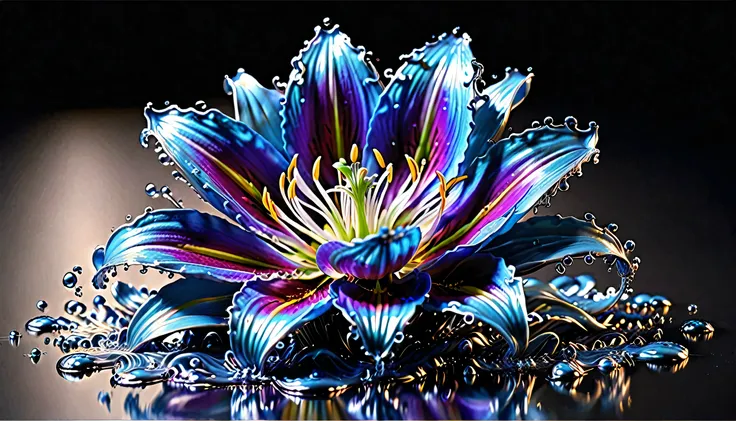 (liquid metal art: 1.5) liquid metal a picture of a exquisite beautiful lily flower made from liquid metal  (masterpiece, best d...