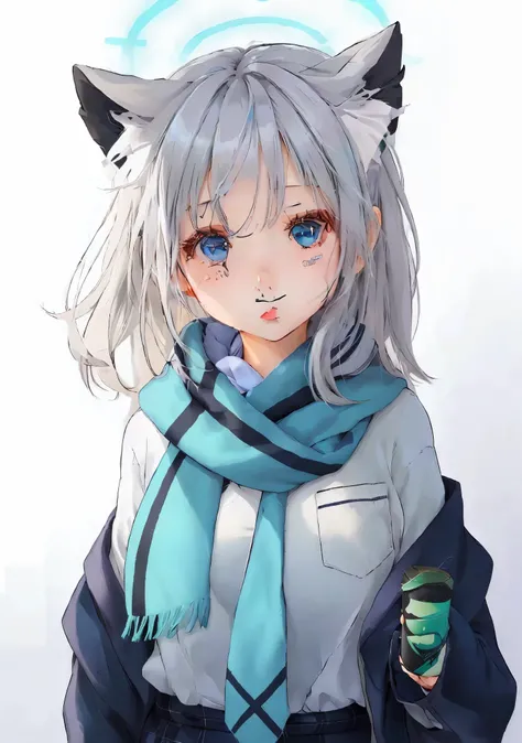 anime girl with gray hair and blue eyes wearing a scarf