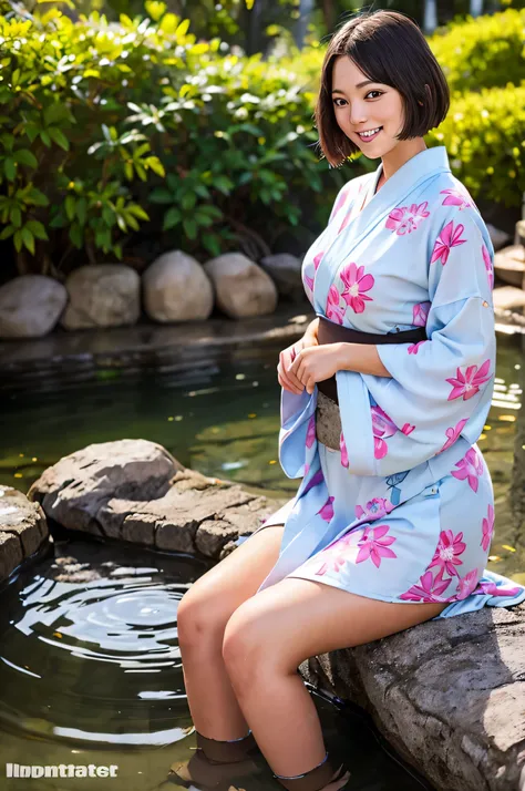 8k,high quality,high resolution,One woman,smile,(tall),whole body,young woman,Japanese,smile,Bobcut,Yukata,hot spring,,,,,