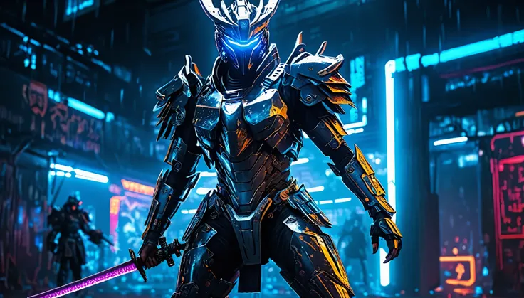 A samurai warrior in liquid metal armor with dragon designs, wielding a neon lit blade, in a cyberpunk arena, full body, (best quality,4k,8k,highres,masterpiece:1.2),ultra-detailed,(realistic,photorealistic,photo-realistic:1.37),HDR,UHD,studio lighting,ult...