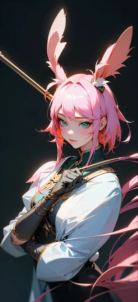 a cute anime girl with pink hair and bunny ears, holding a green glove, detailed portrait, knights of the zodiac girl, stylized anime art, painted in anime painter studio, digital anime illustration, artwork in the style of guweiz, character art closeup, l...