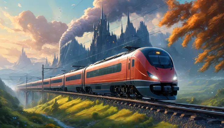 A sleak modern train going down the tracks, beautiful fantasy, inspired by Igor Zenin, julie dillon, fantasy - n 9, ue5, by Kaii Higashiyama, high speed trains, nightcore, artist rendition, photo of a painting, tall spires, extended art, cgsociety, uiltra ...