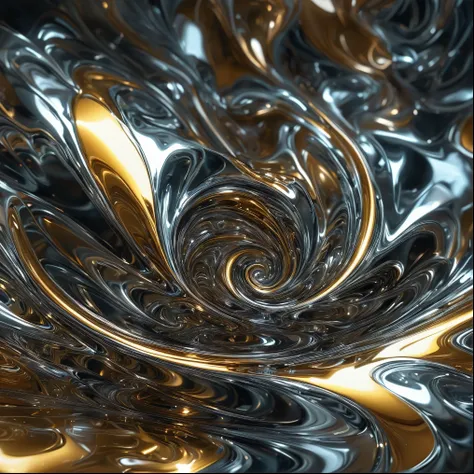 a futuristic liquid metal fractal sculpture, intricate metallic textures, shimmering reflections, dramatic chiaroscuro lighting, cinematic atmosphere, complex geometric patterns, hypnotic swirling forms, glossy chrome surfaces, dynamic movement, high contr...