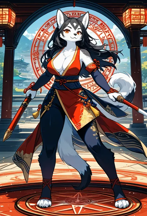 Best quality, masterpiece, ultra high res, xiuxian, weapon(kemono, furry anthro, 1girl, solo, weapon, cleavage)magic circle, xiuxian, upper body, Beautiful girl, full body, east asian architecture, sheath, architecture,