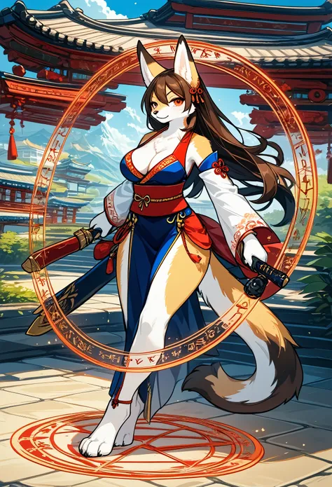 Best quality, masterpiece, ultra high res, xiuxian, weapon(kemono, furry anthro, 1girl, solo, weapon, cleavage)magic circle, xiuxian, upper body, Beautiful girl, full body, east asian architecture, sheath, architecture,