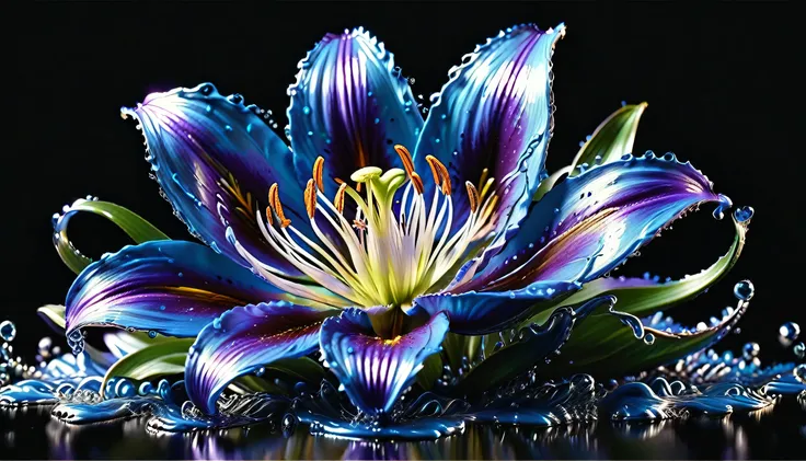 (liquid metal art: 1.5) liquid metal a picture of a exquisite beautiful lily flower made from liquid metal  (masterpiece, best d...