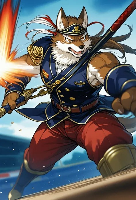 top quality, high-quality illustrations((masterpiece))depth of field, motion blur, absurdres, Perfect Anatomy, magnificent picture of kemono fighting fierce battles, kemono, Anthro((dramatic))epic, weapon, Acrobat, One scene of movie,