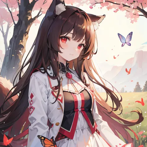 masterpiece,best quality, 1girl, solo, slight smile, slight smile, cherry, sunlight dapple, butterfly, grass animal ears,wolf ears,long hair, tail, wolf tail, red eyes, wolf girl,brown hair,,  