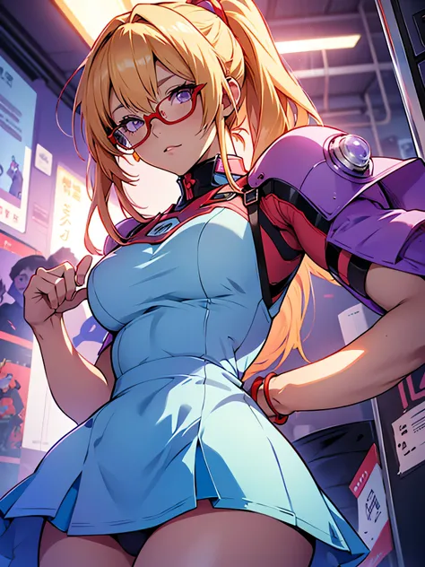 anime,An illustration,purple robot,Mobile Suit,Dom,Light blue check dress,Red glasses,Blonde,Light blue mesh hair,beautiful girl,Sora Sakurano,one person