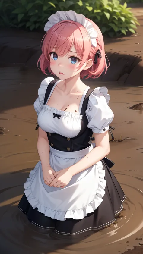 1girl, natural lighting, masterpiece, highly detailed, illustration, game CG, absurdres, high quality, aichan, large breasts, beautiful detailed eyes, medium bright pink hair, bangs, glossy lips, upset, garden, maid, short puffy sleeves, small maid apron, ...