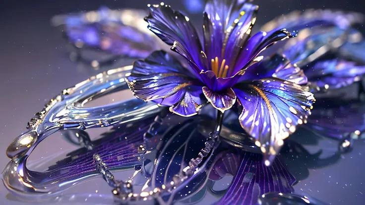 (liquid metal art: 1.5)liquid metal a picture of a exquisite beautiful lily flower made from liquid metal  (masterpiece, best detailed, best quality: 1.4), (blue: 1.5) petals,  there is (purple: 1.3) vivid, living butterfly (masterpiece, best detailed, bes...