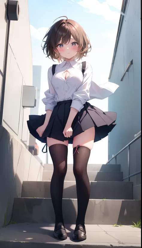 One Girl、Positive、From above、Full body portrait、Brown haired、Medium Haircut、blush、Absolute area、Knee socks、stockings、Black knee-high socks、White underwear、Cleavage、Light blue cut shirt、Unbutton your shirt、Shirt buttons fly off、Navy blue checkered pleated s...