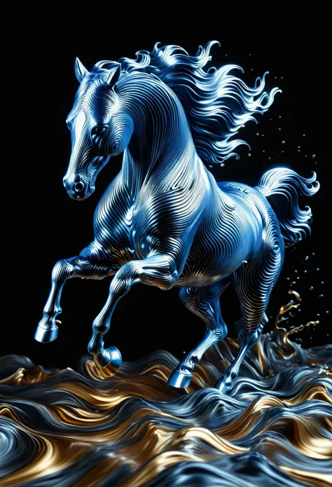 a horse running through a liquid metal landscape, dark background, dramatic lighting, highly detailed, photorealistic, 8k, studi...