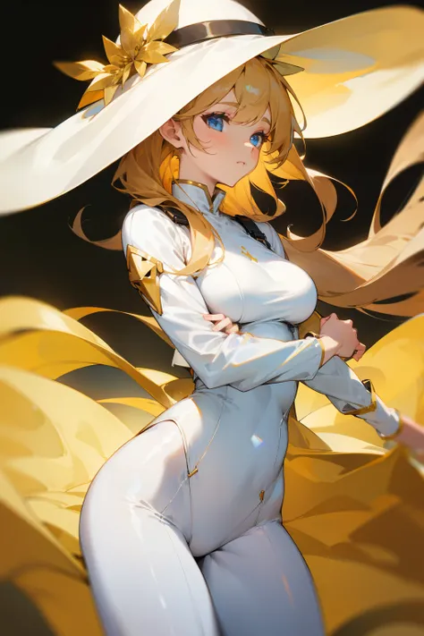 Girl, golden hat, tight white clothes