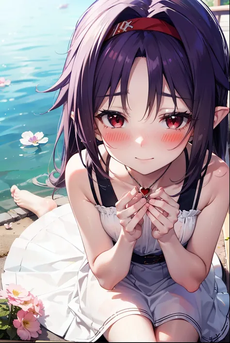 yuukikonno, Konno Yuuki, hair band, Long Hair, Pointed Ears, Purple Hair, (Red eyes:1.5), (Small breasts:1.2), Squint both eyes,blush,happy smile, smile, Close your mouth,White sleeveless dress,Bare arms,Heart Pendant,Long skirt,Barefoot flower crown,whole...