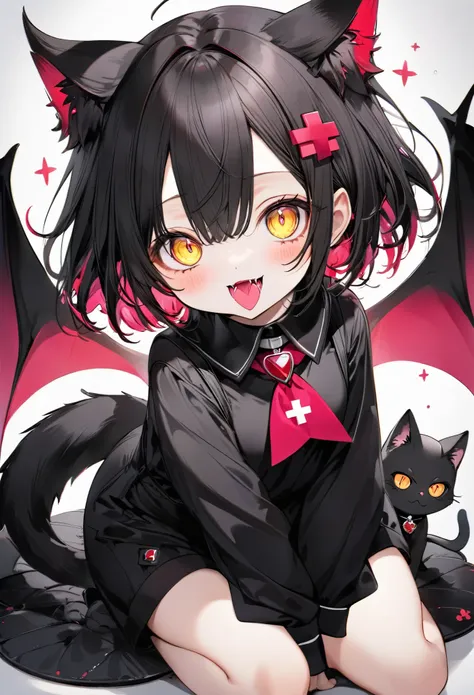 best quality, masterpiece, pitch black cat-like magical beast with short limbs, yellow oval eyes, triangular pink mouth, devil's...