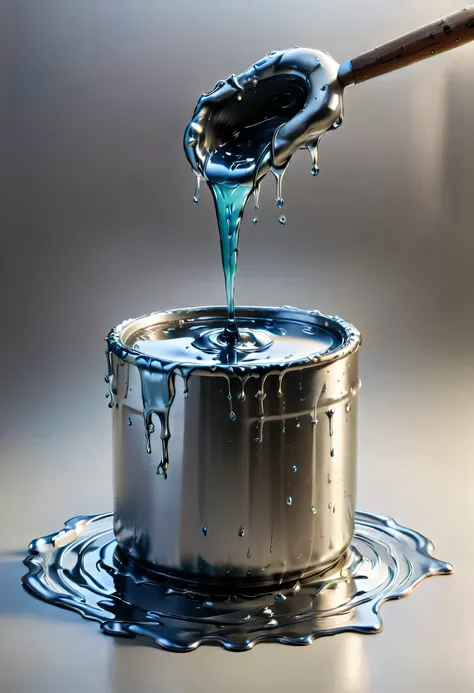 stirring a container of liquid metal with a stick, stickiness, gloss, liquid metal dripping from the stick